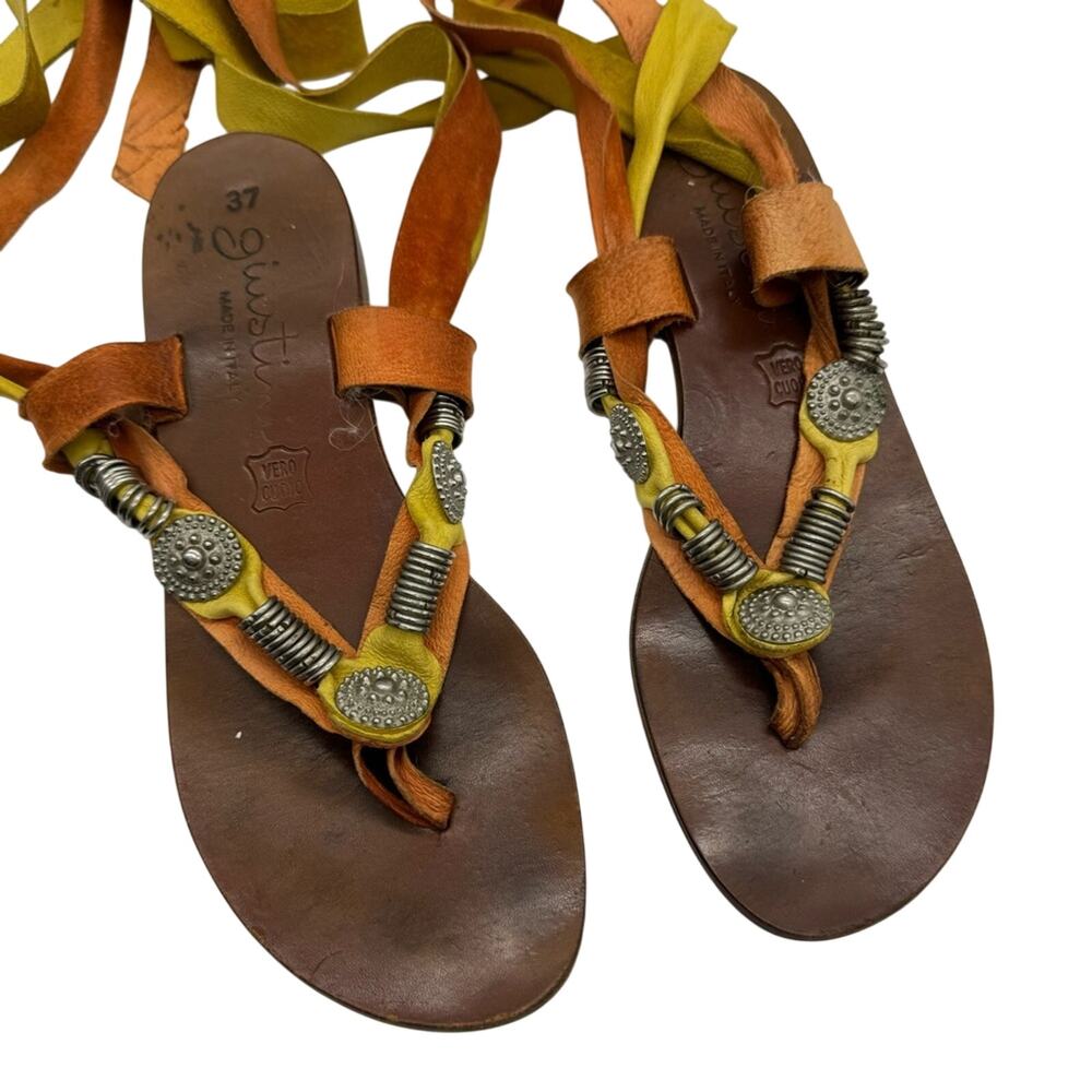 Giustini Made In Italy Leather Lace Up Medallion Thong Sandal Orange/Yellow 37